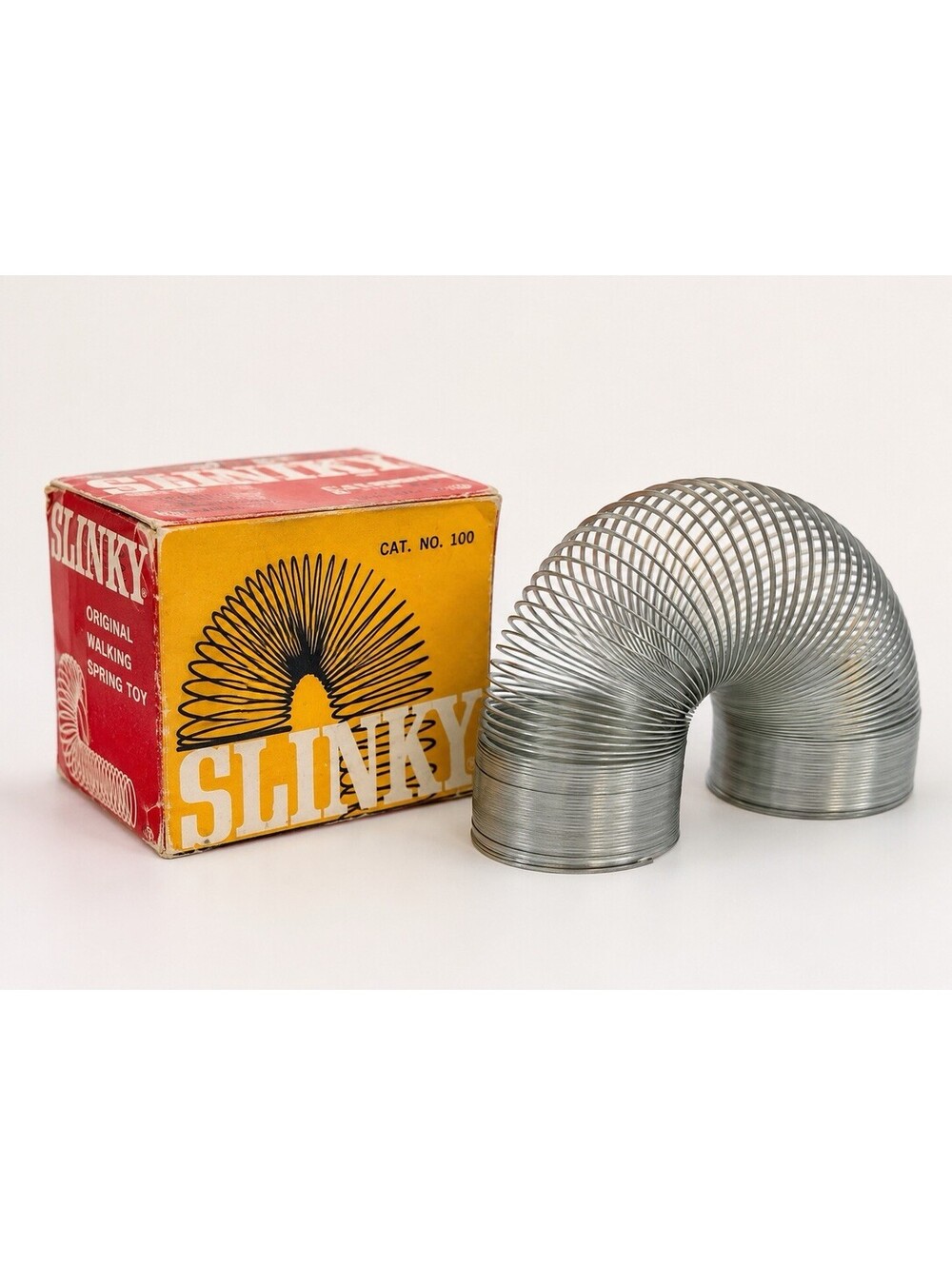 Vintage 1970s Slinky Metal Walking Spring Toy Cat No 100 James Industries Box